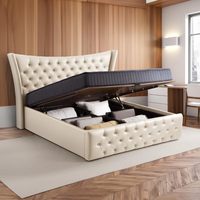 Lit King-Size Moderne Rembourré avec Rangement, Cadre en Bois de Mangue Massif, Design Capitonnée en Similicuir, Hauteur Réglable, Personnalisable