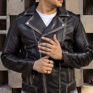 <b>Men's</b> Genuine <b>Leather</b> Moto <b>Jacket</b> with Zipper Closure Stand Collar Vintage Style Embroidered Canvas Autumn Regular Fit - Product Image 4