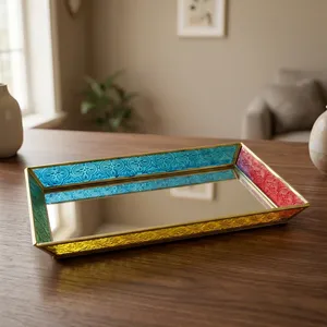 Rectangular Metal Storage <b>Tray</b> with <b>Mirrored</b> Lacquered Finish in Blue Red <b>Gold</b> for Desk & Living Room Organization Modern Design - Product Image 2