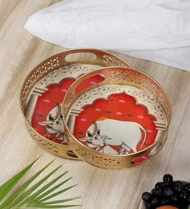 En gros, ensemble de plateaux et pots en corne Pichwai, faits main, au toucher réel, motif animalier indien, pour cadeau de remerciement - Product Image 3