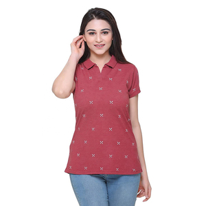 <b>Women's</b> Red Short Sleeve Polo Shirt With Geometric Print Casual Knitted Breathable <b>Top</b> - Product Image 5