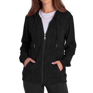 Suéter de Punto con Capucha y Cierre para Mujer, Color Sólido, Casual, Transpirable, Corte Regular, Unisex, para Otoño, Negro - Product Image 5