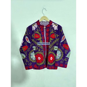 Autumn <b>Coat</b> Floral Embroidery Purple <b>Velvet</b> Embroidered Blazer <b>Women</b> Mandarin Collar Full Sleeve <b>Coat</b> - Product Image 5