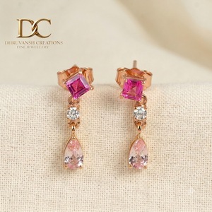 Boucles d'oreilles en or rose massif 14 carats, diamant de laboratoire certifié IGI, tourmaline rose et saphir Padparadscha pour femme - Product Image 4