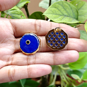 designer blue jade round <b>stud</b> <b>earrings</b> with <b>black</b> cubic zirconia gold plated textured brass modern statement jewelry for women - Product Image 4