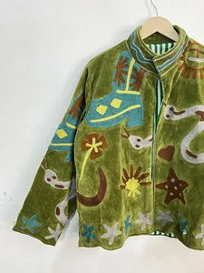 Veste Bohème Vintage en Velours Vert Brodé Suzani pour Femme, Manteau Court Ethnique Floral Ouvert sur le Devant, Qualité Supérieure - Product Image 4