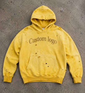 Yellow Oversized Hooded Sweatshirt <b>Men</b> 100% Cotton French Terry Washed Distressed Custom Logo Front Pocket Casual Eco-Friendly - Product Image 1
