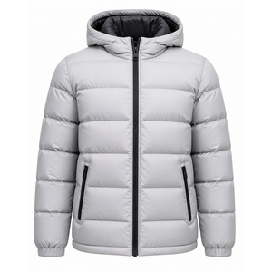Men's Gray Hooded Puffer Jackets Solid Color Thick Polyester Winter Casual <b>Zipper</b> Closure Windproof <b>Coat</b> Regular Fit Lightweight - Product Image 1