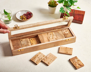 Handcrafted Mango Wood Domino Set with Brass Accents, Double Six <b>Game</b> - Product Image 1