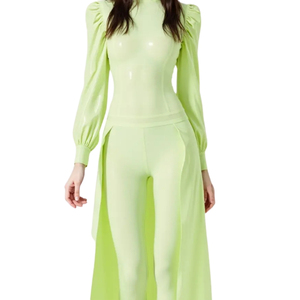 Women's Lime Green <b>Turtleneck</b> Jumpsuit High Waist Long Sleeve Puff Sleeve Full Length Bodycon Spandex Nylon Clubwear - Product Image 6