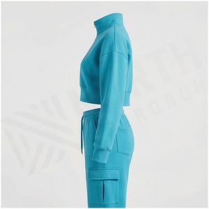 Women Blue Quarter-<b>Zip</b> Crop <b>Sweatshirt</b> & Drawstring Cargo Pants Tracksuit Set Casual Autumn Wear Full Sleeve Solid Color Loose - Product Image 3
