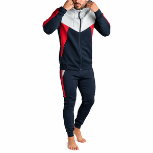 Men's Navy Red White Eco-Friendly 100% Cotton Full <b>Zip</b> <b>Hooded</b> Tracksuit with Side Pockets Regular Fit Sporty Winter Wear - Product Image 3