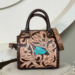 Floral Mini Hand <b>Tooled</b> Genuine Cowhide <b>Leather</b> Speedy Duffel Bags Luggage with Zipper Closure Crossbody Shoulder Bag for Unisex - Product Image 4