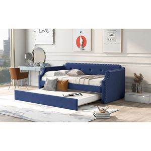Blue Upholstered Twin Daybed with Trundle Wood Slat <b>Support</b> <b>Sofa</b> Bed Frame - Product Image 3