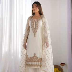 Designer Fendy <b>Silk</b> <b>Kurta</b> Sharara Suit with Heavy Embroidery Beads & Sequence Dupatta | Ready to Wear Party Collection - Product Image 1