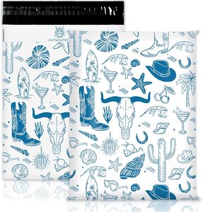 Enveloppes d'expédition auto-adhésives Western Cowboy Poly Mailers 10 x 13 pouces, bleues, motif bottes de rodéo côtières et coquilles de cactus - Product Image 1