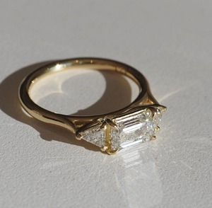 2 TC Emerald Cut Lab Grown <b>Diamond</b> Three Stone <b>Ring</b> East West Setting 14K Yellow Gold Trilliant Side Stones Bridal <b>Ring</b> - Product Image 5
