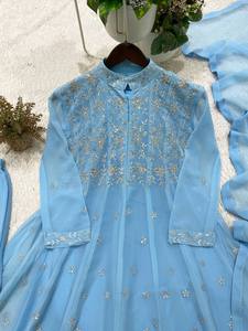 Light Blue Embroidered <b>Kurta</b> Set With Dupatta Traditional <b>Indian</b> Pakistani Women's Casual Wear Ankle-Length Regular Fit - Product Image 3