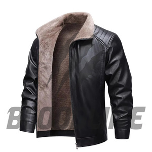 Men's Brown PU Leather <b>Jacket</b> With Faux Fur Lining Stand Collar Zipper Closure Moto <b>Biker</b> Style Winter Wear - Product Image 3