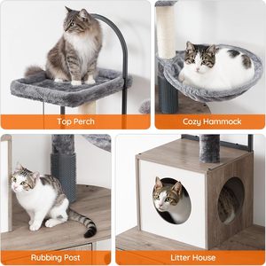 Torre para Gatos Moderna y Sólida Todo en Uno de 31.5 Pulgadas con Caja de Arena Oculta, Mueble Versátil para Gatos de Interior, Poste de Sisal y Hamaca - Product Image 4