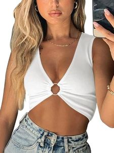 Top Corto Blanco con Cuello en V y Aberturas para Mujer, Sin Mangas, Tejido, Color Sólido, Sexy, para Primavera y Verano, Uso Diario - Product Image 2