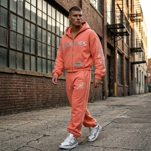 Ensemble de survêtement deux pièces pour homme, style streetwear, avec sweat à capuche zippé à motif corail et strass et pantalon de jogging, vente en gros - Product Image 6