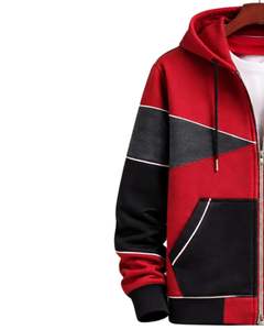 Sweat à capuche zippé personnalisé pour homme, rouge et noir contrastés, en molleton de coton, style streetwear décontracté, veste d'hiver, fabricant sur mesure - Product Image 3