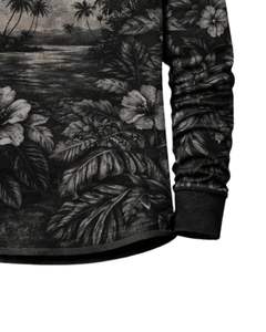 Camisa Henley con estampado de paisaje tropical para hombre, camisa negra y gris de manga larga con botones, estilo playero informal, top ligero de moda - Product Image 6