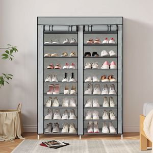 Scarpiera a doppia fila a 10 livelli in tessuto non tessuto grigio con tubi in ferro e componenti in plastica - Scatole e organizer per scarpe - Product Image 1