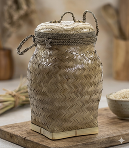Handmade Bamboo Woven Rice <b>Basket</b> <b>With</b> <b>Lid</b> Traditional Indonesian Food Container Eco Friendly Storage Box Rustic Kitchen Decor - Product Image 1