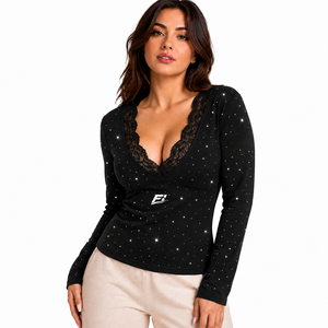 Sudadera para mujer con ribete de encaje, cuello en V, manga larga, ajuste ceñido, elástica, camisa de moda, compra al por mayor B2B - Product Image 2