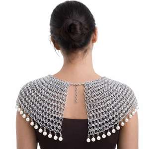 Capa de malla de acero inoxidable plateada con ribete de perlas, joyería de moda estilo armadura - Product Image 2