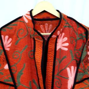 Eco-friendly Knitted Cotton <b>Kantha</b> Embroidered Mandarin Collar Winter <b>Jacket</b> Floral Stripe Digital Print Full Sleeves Breathable - Product Image 5