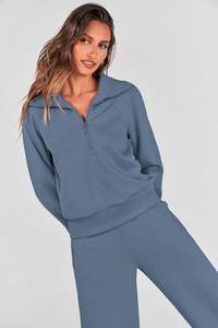 Conjunto de sudadera azul con cierre de cremallera y pantalones anchos para mujer, ropa cómoda y estética para estar en casa. - Product Image 6