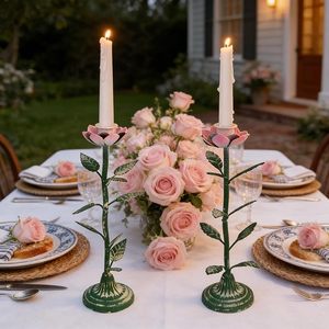 Iron Rose <b>Candlestick</b> Holder Green with <b>Pink</b> Flower Home Decoration Wedding Decor Durable Metal Stand - Product Image 4