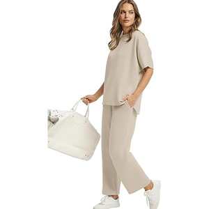 Ladies Two Piece Outfit Casual Short Sleeve Top <b>Elastic</b> Waist Pants Loose Fit Lounge Set Wholesale - Product Image 4