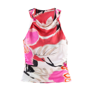 Blusas de Satén Casuales de Verano para Mujer, Estampado Floral Color Rosa, Sin Tirantes, 100% Seda - Product Image 1