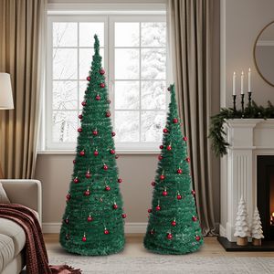 Set di 2 Alberi di Natale Artificiali (180 cm e 150 cm) con Decorazioni Rosse per Casa/Ufficio - Materiale Ecologico Verde - Product Image 6