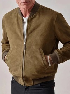 Men’s Genuine Tan <b>Suede</b> <b>Leather</b> Bomber Biker <b>Jacket</b> - Slim Fit - Product Image 3
