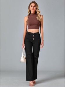 Jean Bootcut en Denim Noir Coton Effet Sculptant Coupe Droite Taille Mi-Haute Longueur Genou Style Vintage Lavable - Product Image 3