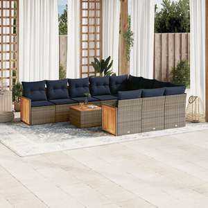 Conjunto de Sofás de Jardín de Poliratán Gris con Cojines, Más de 10 Plazas, Muebles de Exterior de Diseño Contemporáneo con Paneles de Madera de Teca - Product Image 3