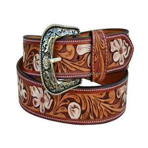 Ceinture florale personnalisée en cuir véritable Western usinée à la main et peinte à la main avec ceinture usinée à boucle ardillon en laiton amovible - Product Image 2
