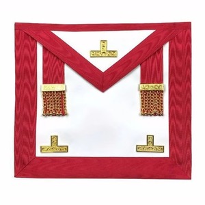 Tablier en cuir de qualité supérieure fait main pour Maître de la Loge du Rite Écossais, blanc et rouge moiré, accessoires francs-maçons dorés - Product Image 1