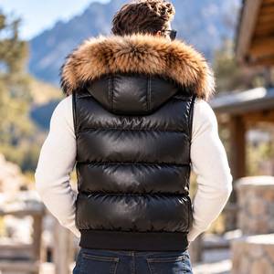Chaleco acolchado de cuero genuino para hombre con capucha de piel de zorro |   Ropa de abrigo transpirable para otoño - Product Image 4