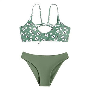 Ensemble de bikini à imprimé floral pour femmes avec design ajouré et détail cordon de serrage, vert, en spandex et polyester, maillot de bain deux pièces - Product Image 2
