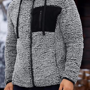 Sudadera con Capucha Sherpa Gris para Hombre, Chaqueta de Forro Polar, Cortavientos, Sudadera con Capucha para Invierno, Corte Regular, Color Sólido, Diseño de Punto, Sudaderas Sherpa - Product Image 5