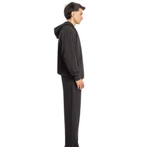 Ensemble coordonné homme coupe droite, sweat à capuche noir en tissu Popcorn avec patch poitrine en caoutchouc et boutons-pression, décontracté OEM ODM - Product Image 3