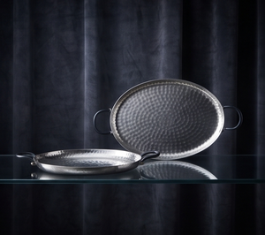 Plateau de service ovale rond en argent, plateau en métal lourd texturé, article de vaisselle de cuisine et de salle à manger en stock - Product Image 4