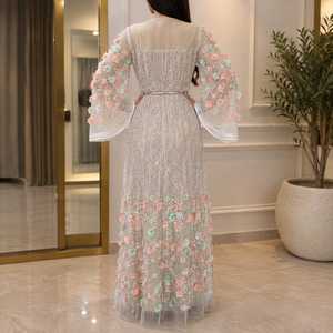 Embellished Floral <b>Abaya</b> Sheer Bell Sleeves Beaded Sequins Pastel Applique Long Modest Evening Gown Islamic Eid Elegant <b>Wedding</b> - Product Image 3