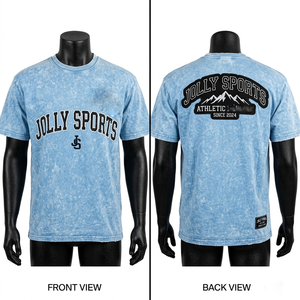 เสื้อยืดผู้ชายผ้าฝ้าย 100% ทรงหลวม พิมพ์ลายพรีเมียม ผ้าฝ้าย 190 GSM ซักย้อมสีฟ้า สไตล์วินเทจ รับสกรีนโลโก้ - Product Image 1